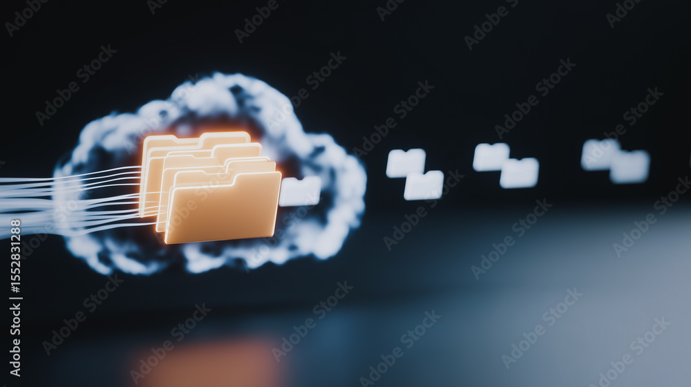 Poster cloud data transfer: a cloud symbol composed of interconnected links, flowing data packet, data tran