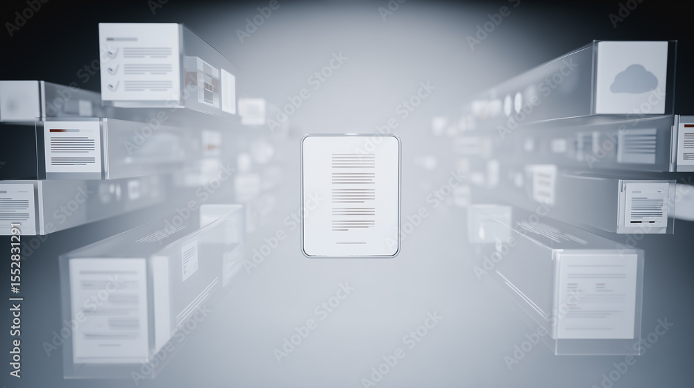 Poster digital data cubes: a modern depiction of information and connectivity, showcasing a centralized doc