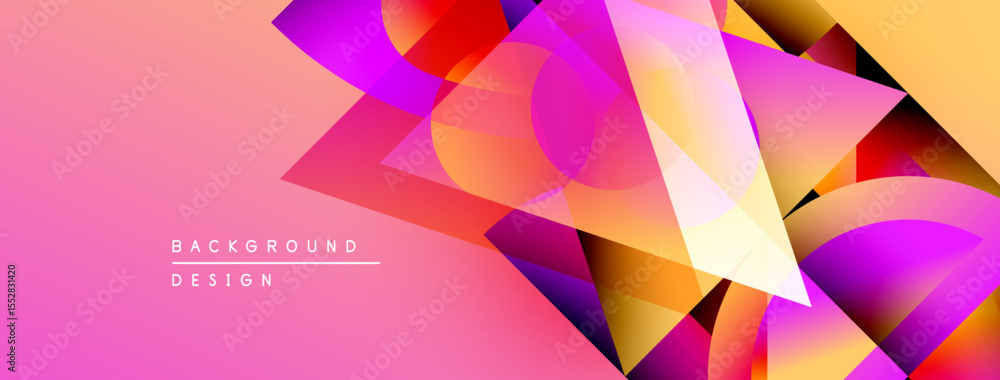 Poster abstract geometric shapes overlap, creating vibrant pink, orange, yellow gradients. modern design el