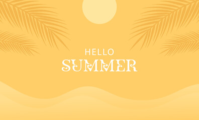 Yellow summer tropical background with tropical palm leaves. Minimal summer creative flat design. Vector illustration