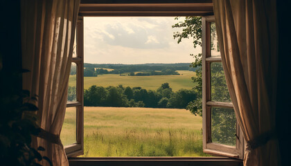 Fototapeta premium Serene countryside view window