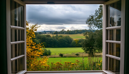 Serene countryside view window