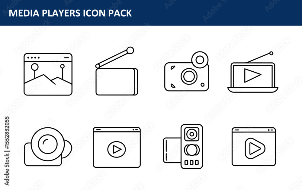 Poster line art media player icons in a flat design style. simple graphic representation of various media p