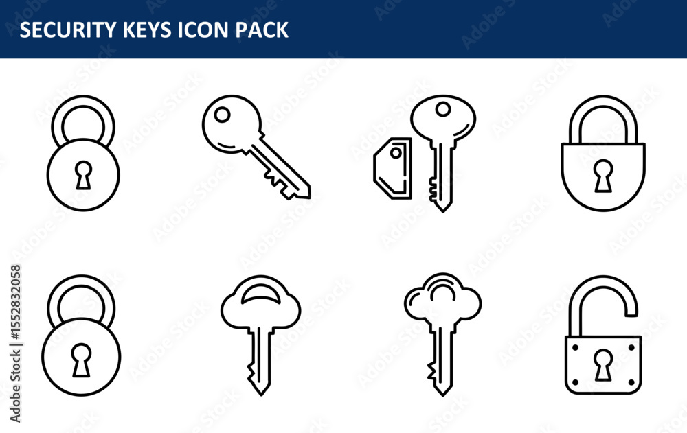 Poster the security keys icon pack with simple line art illustrations of padlocks and keys in various state