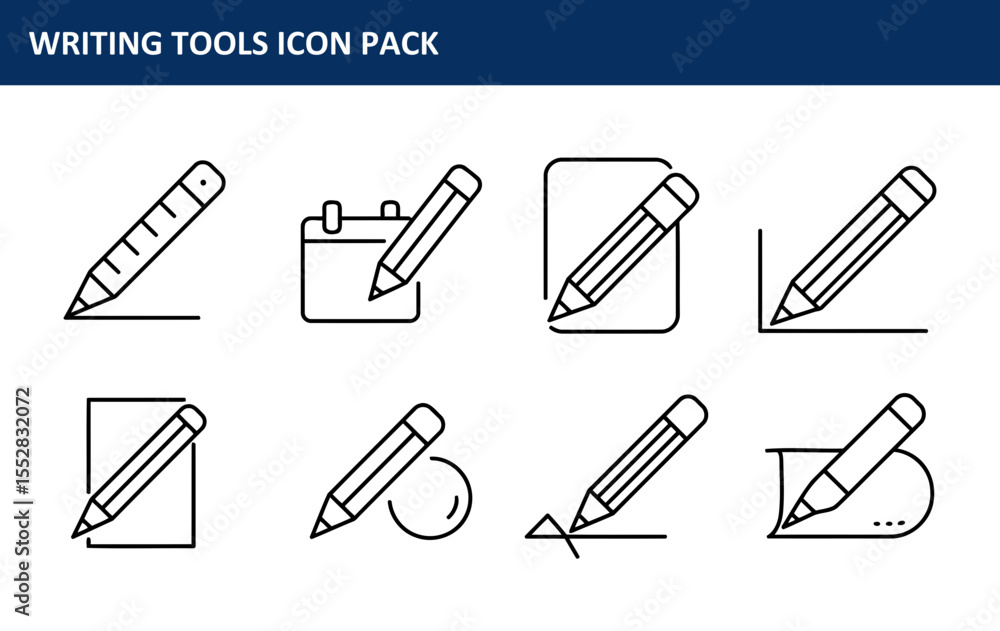 Poster writing tools icon pack displaying various writing actions on different surfaces. simple line art de
