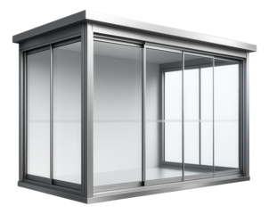 Glazed balcony with sliding glass panels for an apartment, allowing an unobstructed view while keeping the space weatherproof.