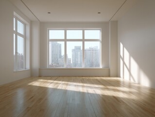 Obraz premium Sunlit empty room with hardwood floors, large windows offering a city view, and white walls