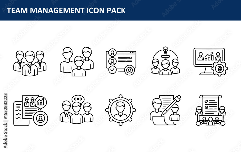 Poster the team management icon pack displaying various team-related activities in a simple, modern style i