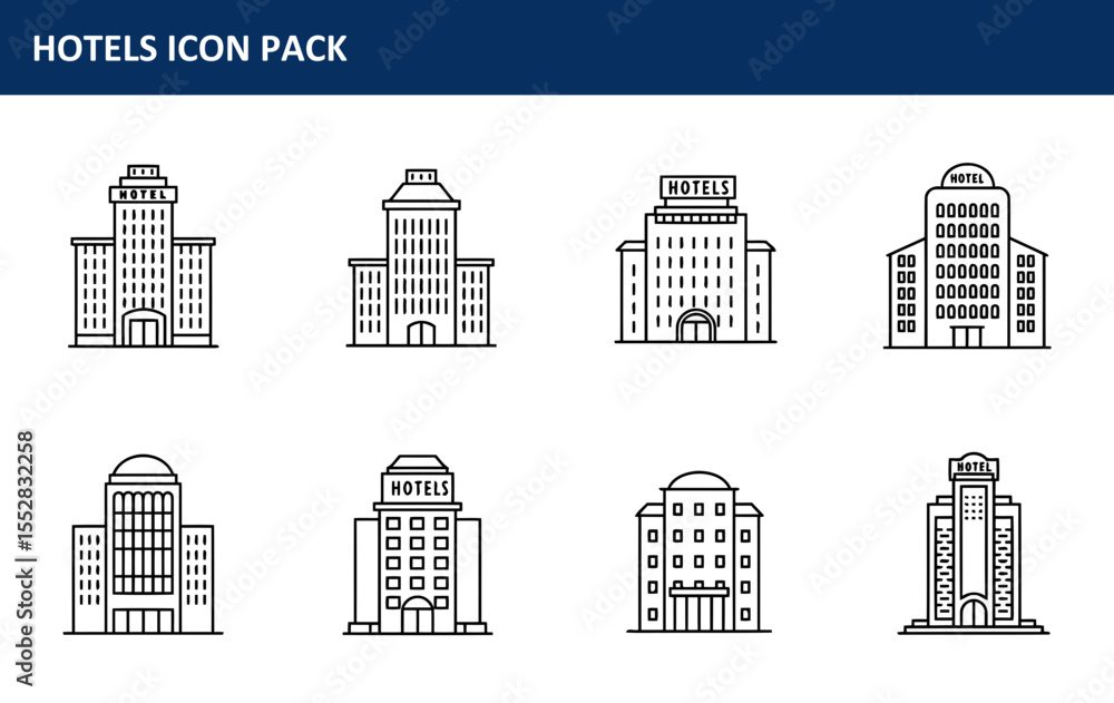 Poster hotel building icons in a collection showing various hotel building styles. collection of simple lin