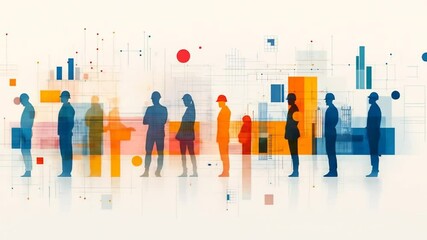 Abstract representation of a diverse group of people, likely in a professional setting, overlaid with graphic elements suggestive of data and planning - Powered by Adobe