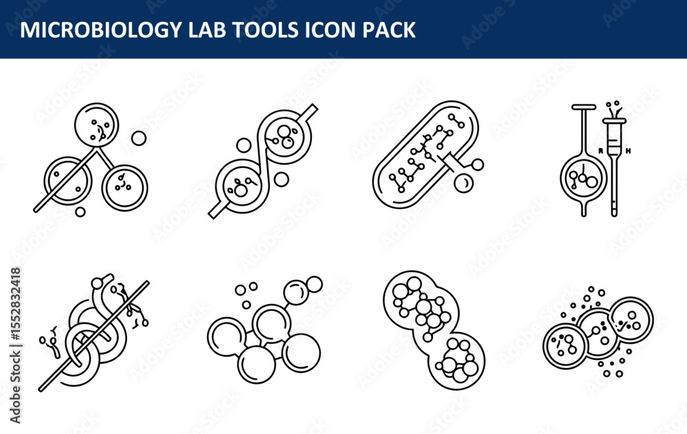 Poster microbiology lab tools icon set for educational or scientific use. simple line drawings of various l