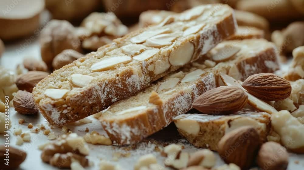 Poster A close-up shot of various types of nuts and a slice of bread, ideal for use in food or snack-related contexts
