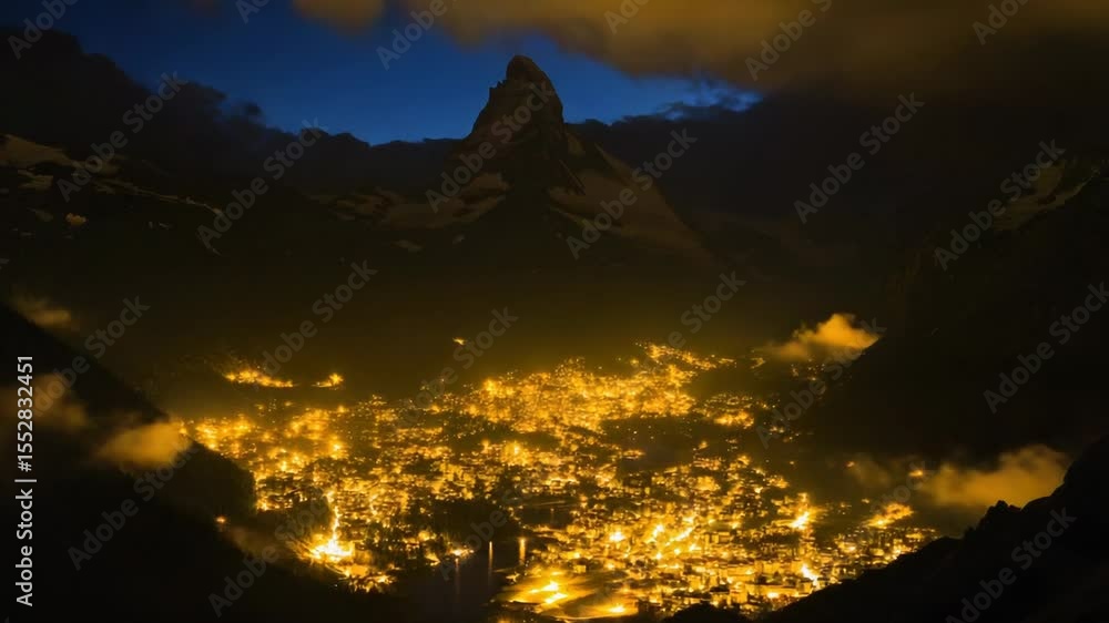 Poster nighttime view of a city illuminated from the perspective of a mountain