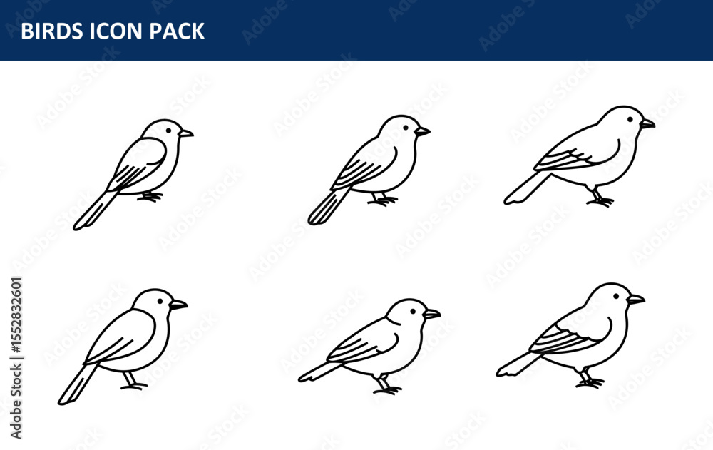 Poster bird line art icon set in a simple outline style. four different bird poses against a plain white ba