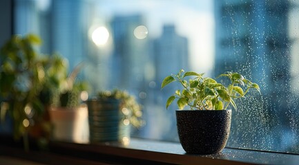 Sunlit indoor plants on a windowsill, overlooking a blurred cityscape at sunset; raindrops adorn the glass