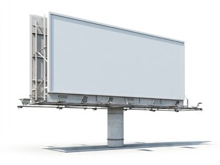 Obraz premium A large, blank billboard on a grey metal frame with a concrete support, isolated on a white background, casting a slight shadow