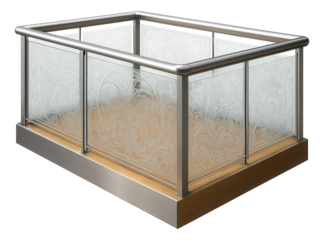 Public library balcony with decorative glass designs, adding an artistic touch to the community space.