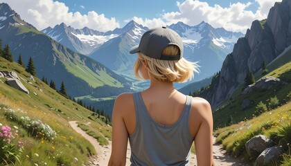 Naklejka premium a blonde woman with short hair wearing a grey top and a cap walking on a trekking trail in the mountains, back view