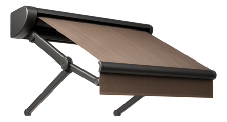 Retractable awning outdoor terrace for a suburban house, providing adjustable shade and protection from the elements.