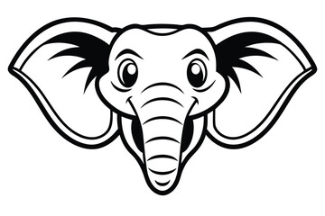 Smiling elephant face with large ears is outlined in black and white