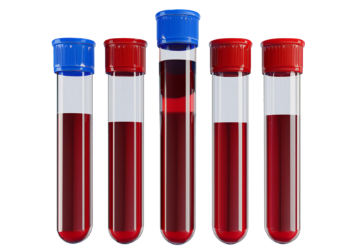 Test tubes with blood. Plastic medical flasks. isolated on a transparent or white background