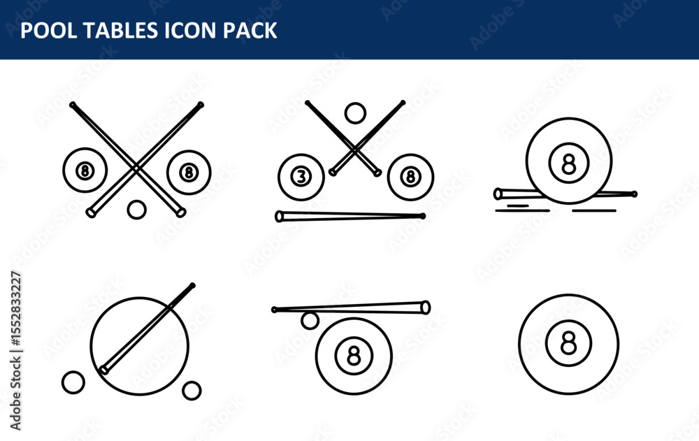 Poster pool tables icon pack showing various views of pool cues, balls, and the table. simple line art desi