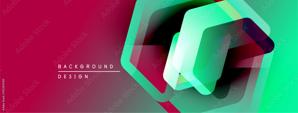Poster abstract geometric shapes overlap, creating vibrant gradients. pink, green hues dominate design. mod