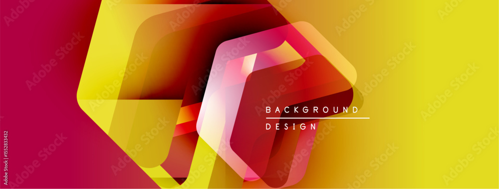 Poster Abstract geometric shapes overlap, creating vibrant color gradients. Yellow transitions to red, forming dynamic background design.