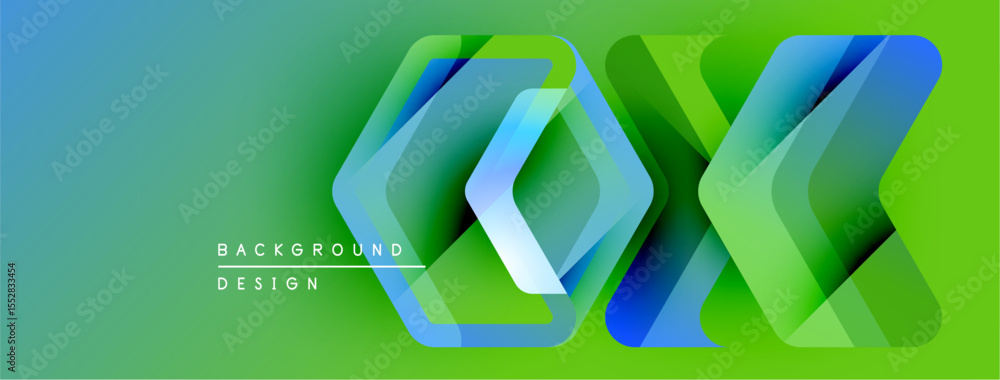 Poster abstract geometric shapes overlap, creating vibrant gradient effect. blue, green hues dominate desig