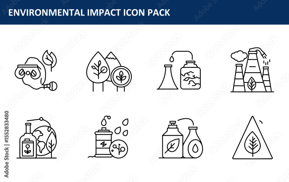 Poster the environmental impact icon pack showing various elements of ecological and industrial processes i