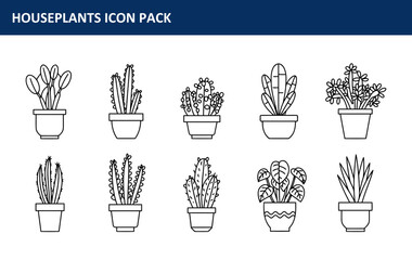Houseplant icon pack with diverse houseplants in various pots. Collection of simple line art houseplants.