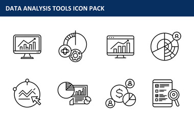 Data analysis tools icon pack displayed in a clean, modern design. Collection of various data analysis tools and techniques for visual representation.