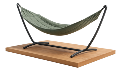 Open-air outdoor terrace with a hammock stand for a relaxed lounging area in a summer cottage.