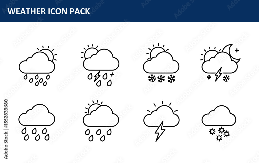 Poster weather icon pack showing various weather conditions in simple line art style. collection of weather
