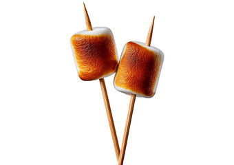 Two roasted marshmallows on wooden sticks, isolated on a transparent or white background