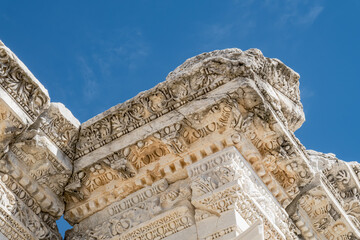 Elaborate Corinthian cornice and stone column remains of ancient Roman Nymphaeum of Antoninus Pius...