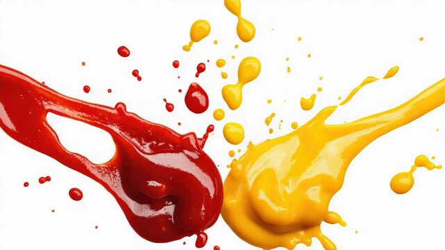 A vibrant mess of ketchup and mustard on a clean white surface