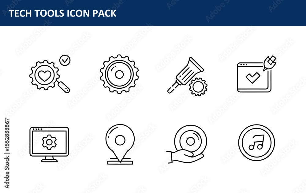 Poster tech tools icon pack showing various digital tools in a simple line art style. collection of technol
