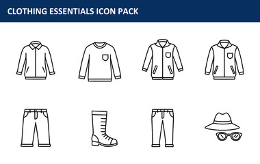 The Clothing Essentials Icon Pack with outline illustrations of various apparel items is displayed in a collection of simple line drawings, suitable for fashion magazines and websites.