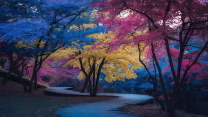 Photograph of multicolored autumn trees along stone path – Perfect for seasonal campaigns, travel promotions, or artistic nature themes