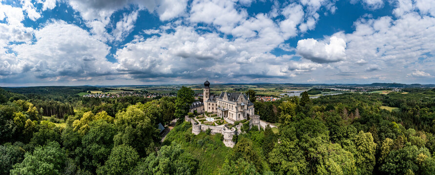 Germany, Bavaria, Coburg, Helicopter panorama of clouds over Callenberg Castle and surrounding landscape