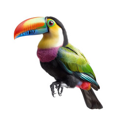 Fototapeta premium Vibrant Toucan with Colorful Beak Facing Sideways on White Background