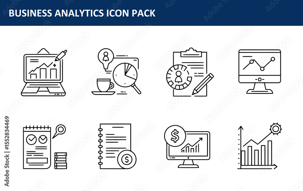 Poster business analytics icons depicting various tools and elements. set of diverse business analytics too
