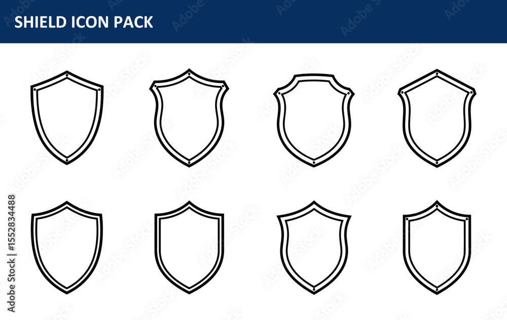 Poster shield icon pack for graphic design use in a variety of applications. simple black outline shield ic