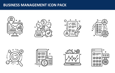Business management icons depicting various tools and processes. Simple line art illustrations for a professional presentation or webpage.
