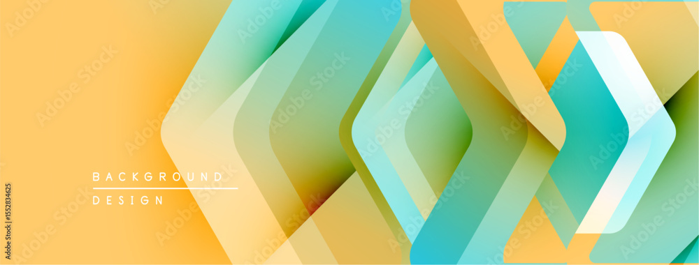 Poster Abstract geometric pattern. Warm yellow blends into cool turquoise. Overlapping squares create dynamic visual texture. Modern design element.