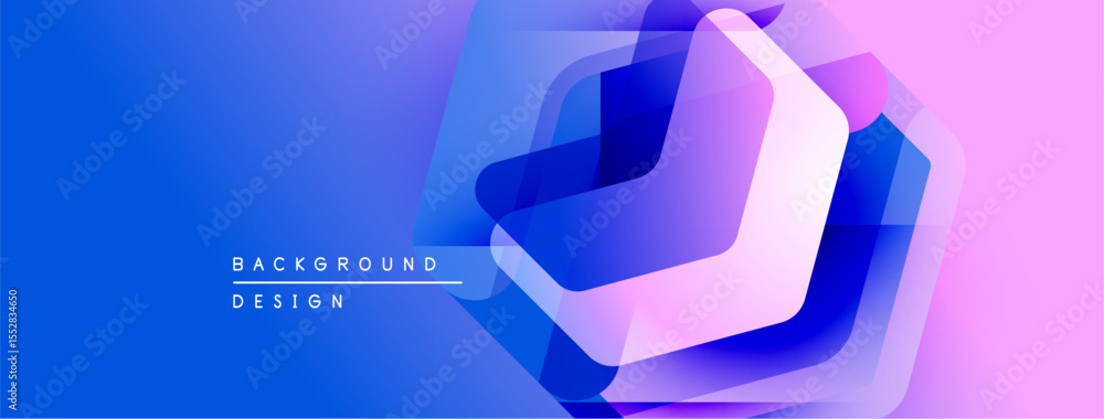 Poster abstract geometric shapes overlap, creating vibrant blue, purple gradients. modern design elements s
