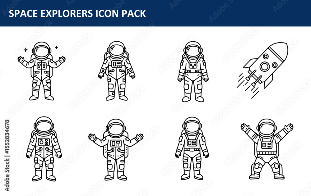 Poster space explorers in various poses with a rocket in a simple, clean line art style. diverse astronauts