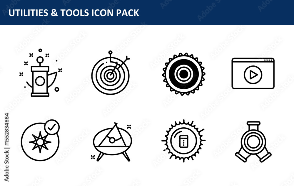 Poster utilities and tools icon pack with a white background. simple line art icons for different tools and