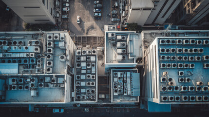 Vertical Aerial View of Building Rooftop with Air Conditioning Units 